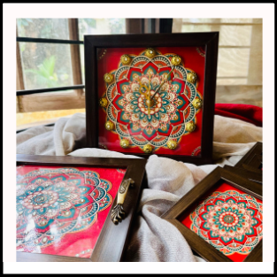 Bright Mandala Tray, Clock and Coasters Set
