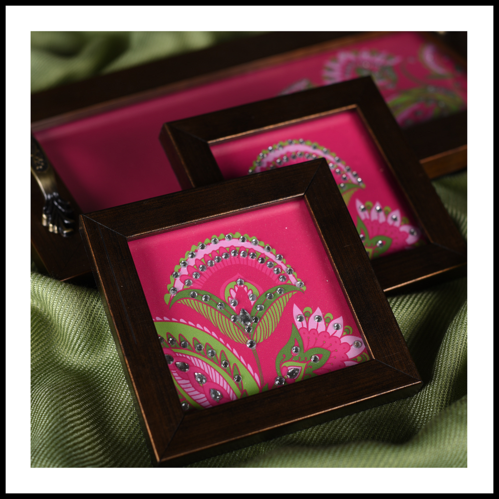 Pink Floral Tray & 2 Coasters Set
