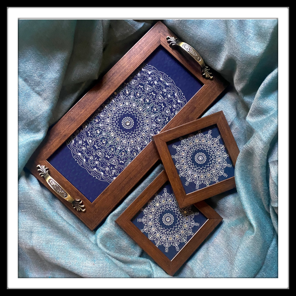 Blue & Silver Mandala Tray & 2 Coasters Set