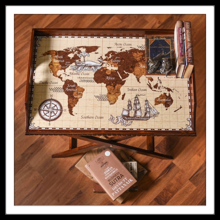 Vintage World Map Butler Tray with Trestle Stand - Footprints Forever