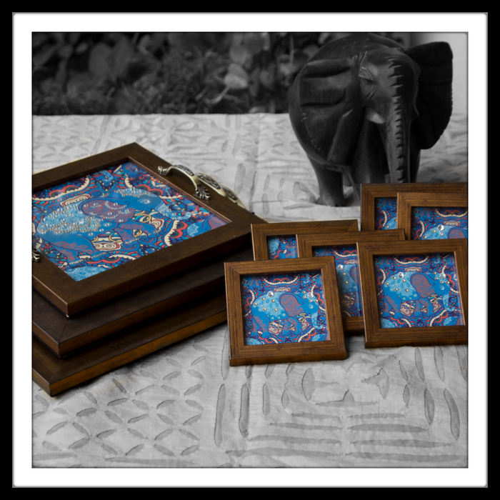 Blue Elephant Tray Set with Coasters