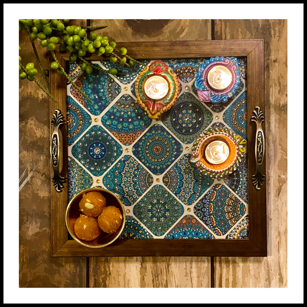 Blue Floral and Mandala Square Tray