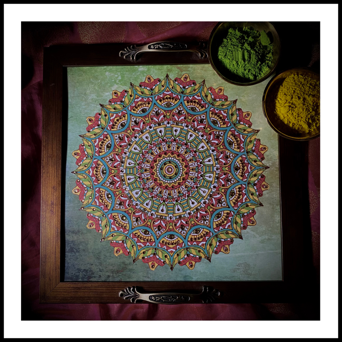 Green Mandala Square Tray (Large) with Holi Colours