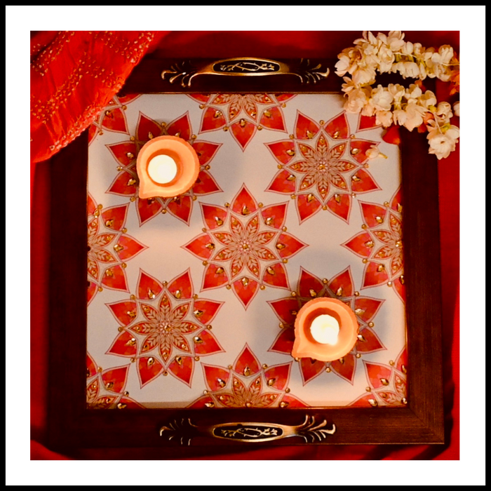 White & Red Floral Square Tray