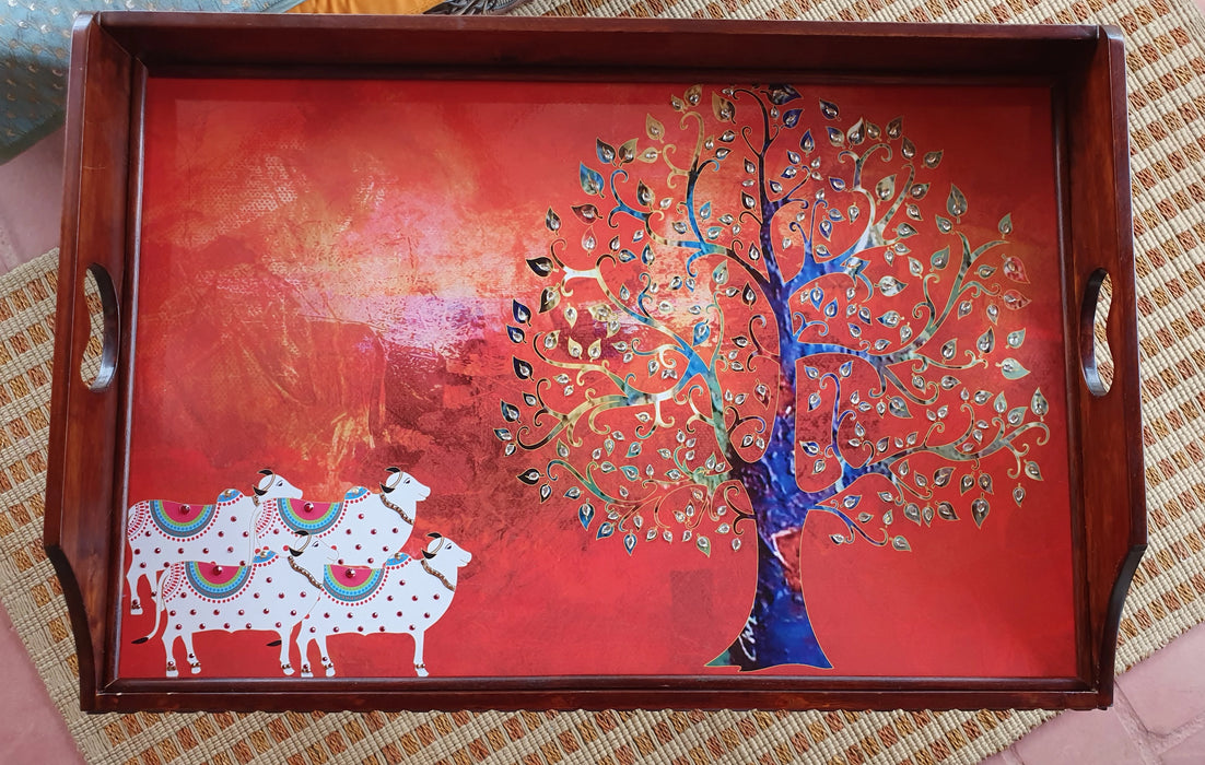 Red Pichwai Butler/ Side Table with  Stand