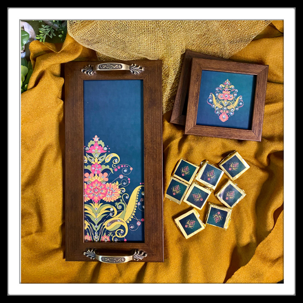 Floral Damask Tray and 2 Coasters Gift Hamper