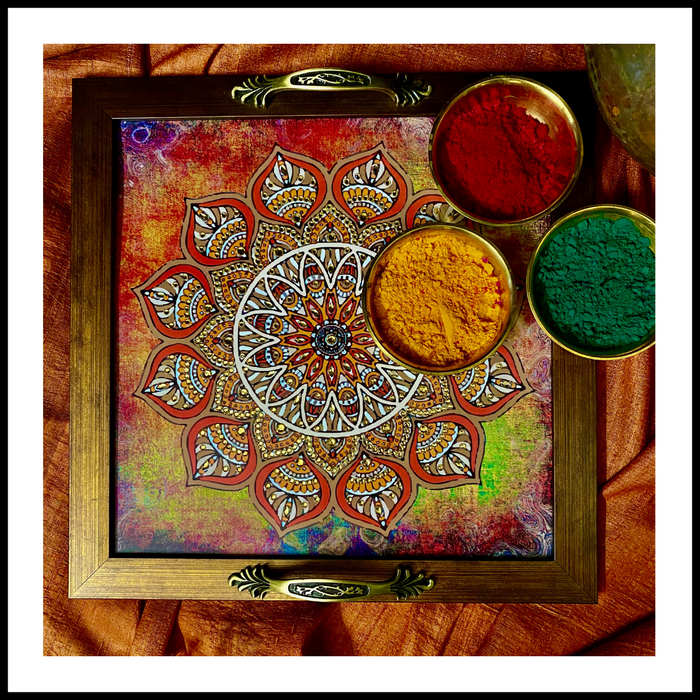 Rust Multi Coloured Mandala Square Tray (Medium) with Holi Colours