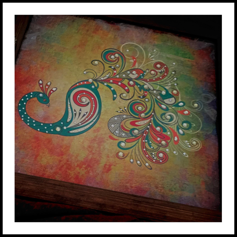 Green Peacock on Grunge Background Square  Tray
