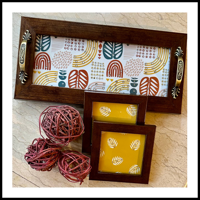 Handmade unique gift of a tray and 2 coasters in abstract print