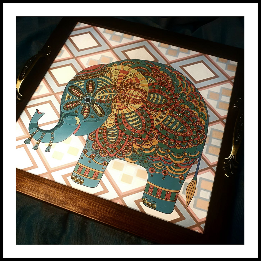 Blue Elephant with Chequered Background Square Tray