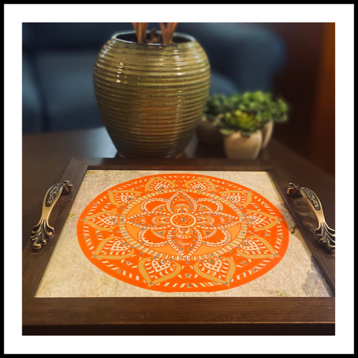 Orange Mandala on Cream Background Square  Tray