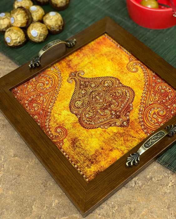 Golden Yellow Damask Square Tray