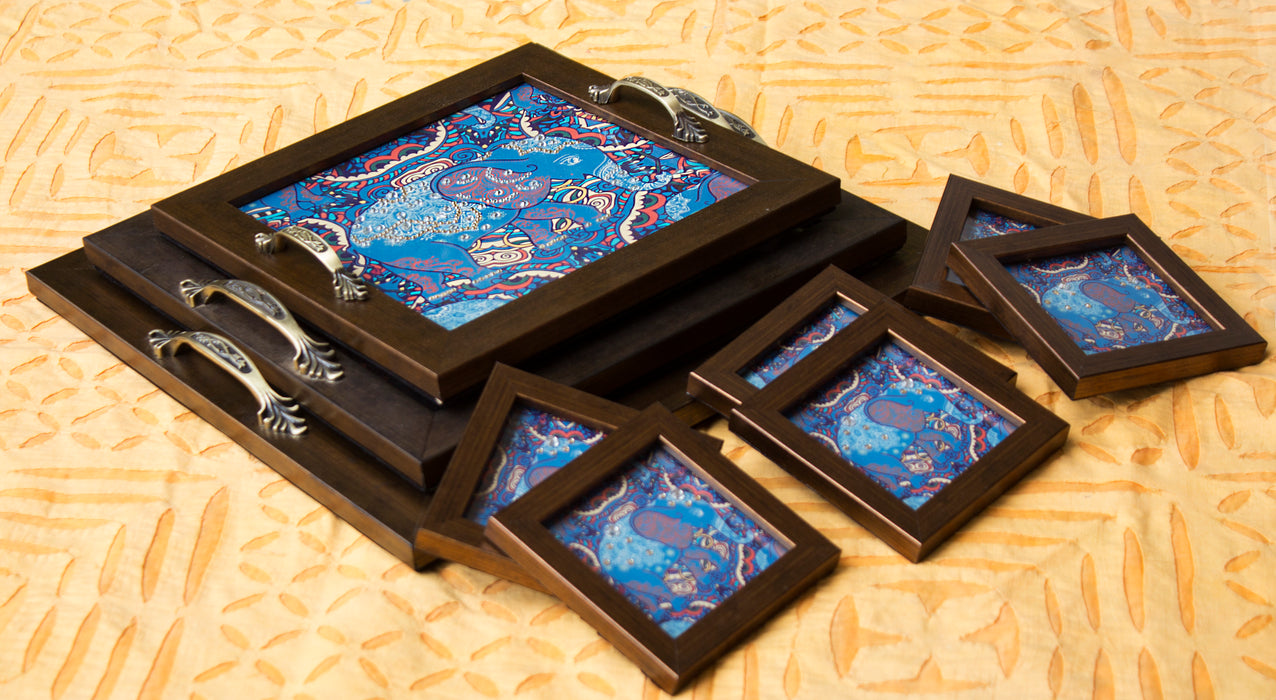 Blue Elephant Tray Set with Coasters