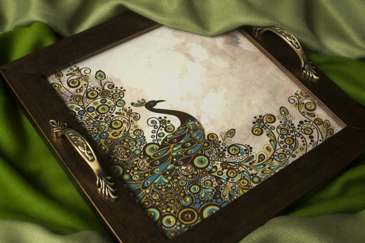 Green & Brown Peacock with Full Plumage Square Tray - Footprints Forever