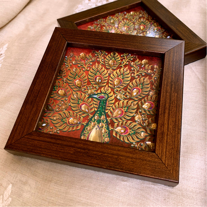 Red Peacock Tray & 2 Coasters Set