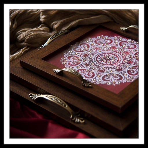 Red And White Square Mandala Tray Set (3) - Footprints Forever