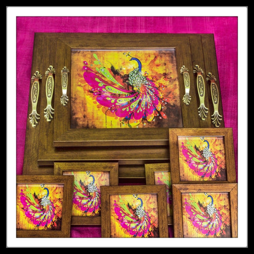 Pink & Yellow Peacock Tray Set with Coasters - Footprints Forever