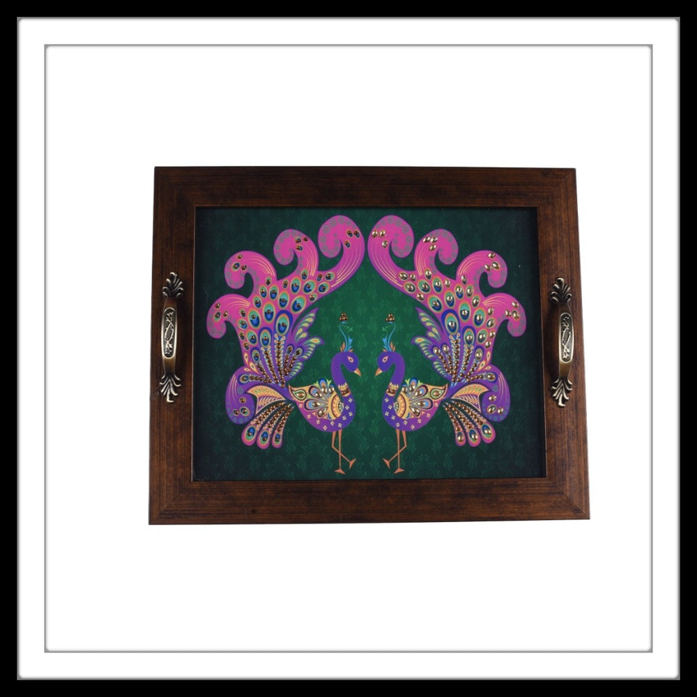 Green & Pink Peacock Rectangular Tray - Footprints Forever
