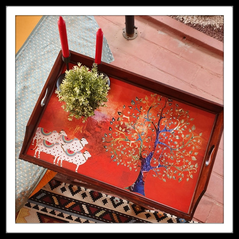 Red Pichwai Butler/ Side Table with  Stand