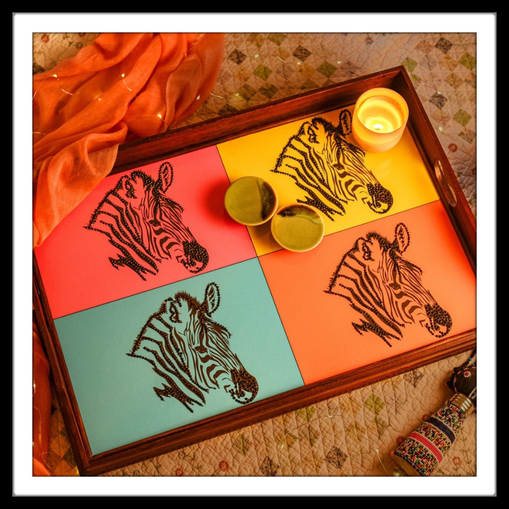 Colourful Zebra Butler Tray with Trestle Stand - Footprints Forever
