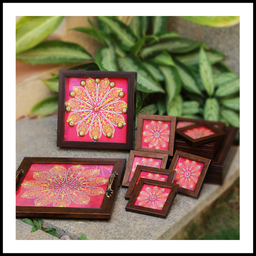 Pink & Yellow Floral Square Tray, Coasters and Clock