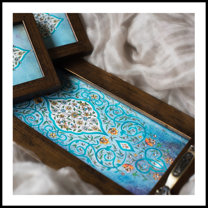 Light Blue Mughal Tray & 2 Coasters