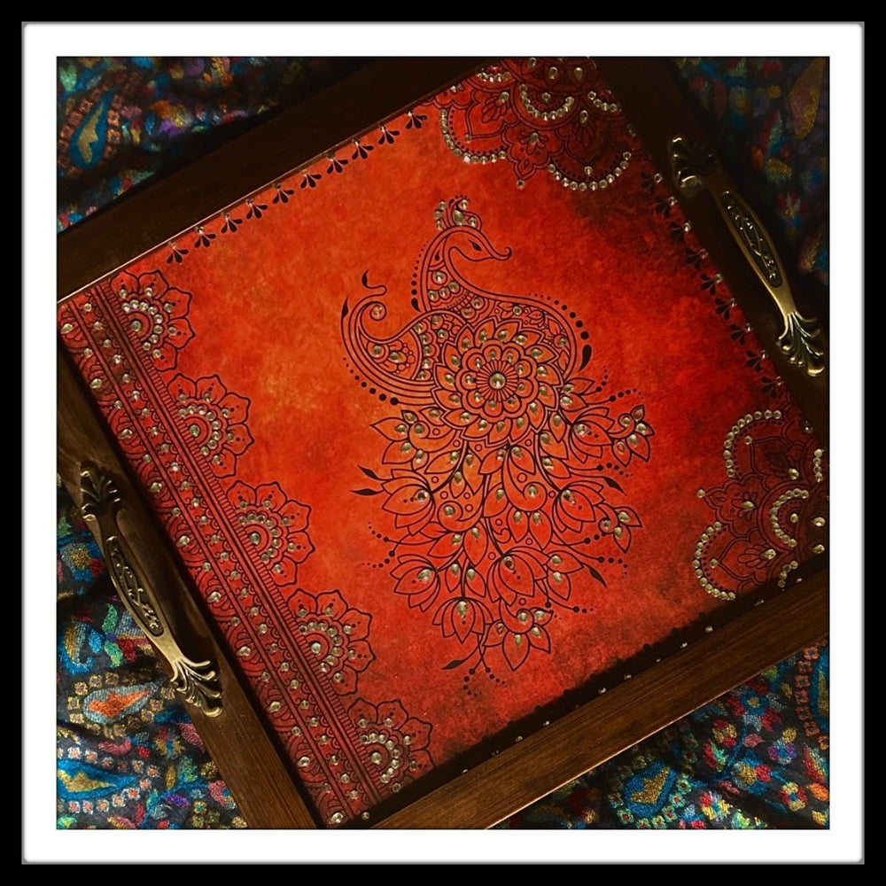 Handmade unique gift. A red Square tray ideal for your home or gifting which has a red Annapakshi Peacock print and is embellished with stones